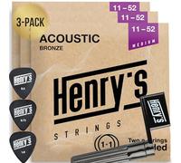 Cuerdas medianas para guitarra occidental 11-52 de Henry's Strings, manivela de cuerda, 3 púas y 3 cuerdas E1 extra, calidad de sonido brillante, nylon