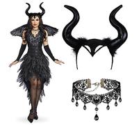 Cuernos Malefica, Cuernos Halloween, Diadema Cuernos Negros, Diadema Malefica y Collar Encaje Negro, Accesorio de Disfraz Maléficos para Halloween Carnaval Mardi Gras Cosplay Masquerade