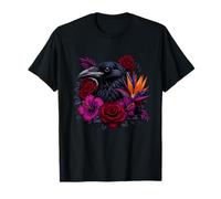 Cuervo con Rosas Rojas Y Flores Tropicales Camiseta