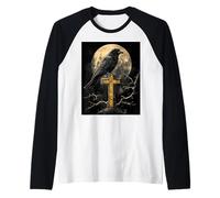Cuervo Cruz Luna Hombre Gótico Sombrío Mujer Cuervo Camiseta Manga Raglan