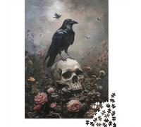 Cuervo en cráneo con Rosas 1000 Piezas Stock De Cartas Premium Rompecabezas Clásicos Pareja Socios Alivio del Estrés Decoración De Paredes Paquete De Valor 52x38cm/1000pcs