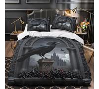 Cuervo gótico Funda de Edredón 3 Piezas de poliéster Impresión 3D Cremallera Oculta con Fundas de Almohada Antialérgica Obra de arte de fantasía oscura Funda Edredon for jóvenes Single（140x200cm）