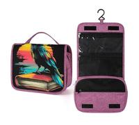 Cuervo negro sentado en un gran libro de aseo de viaje para mujer, organizador de maquillaje colgante con gancho para champú