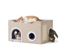 Cueva para Gatos Relaxdays, 34 x 60 x 40 cm (Alto x Ancho x Fondo), rascador, Pelota, 2 Cojines, caseta Plegable, Beige