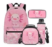 Cugasmaru Axolotl - Mochila para niñas de 10 a 12 años, con lonchera y botella de agua, color rosa, mochila escolar kawaii de 17 pulgadas para niños y estudiantes de 4º grado
