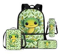 Cugasmaru Juego de 4 bolsas escolares y loncheras para niñas y niños, mochila, bolsa de almuerzo Kawaii, estuche grande para lápices, funda para botella de agua, Pepino Axolotl, Mochila para niños
