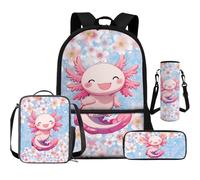 Cugasmaru Juego de 4 bolsas escolares y loncheras para niñas y niños, mochila, bolsa de almuerzo Kawaii, estuche grande para lápices, funda para botella de agua, Axolotl Floral, Mochila para niños