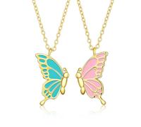 Cuicany 2 Piezas Mariposa Rosa Collar De Amistad con Empalme, Collar de Hermanas con Colgante de Mariposa, Collares de Mejores Amigas, Divisible en Dos Partes Colorido y Elegante Joyería Mujer