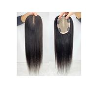 Cuidado del cuerpo postizo de cabello humano negro natural con base de seda, extensiones de cabello Remy transpirable con clips para mujeres (8 pulgadas, 11 x 13 cm)