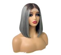Cuidado personal 10 pulgadas Bob peluca pelo humano 2x6 encaje frente pelucas cabello humano 250 densidad para las mujeres negras extensiones de cabello(marrón+gris)