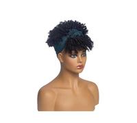 Cuidado Personal corto afro rizado Pelucas con flequillo Wrap diadema, turbante sintético afro rizado Cosplay peluca extensiones de cabelloJet Negro