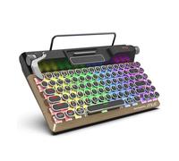 Cuifati Teclado Mecánico de Máquina de Escribir Retro, Teclado Ergonómico Inalámbrico de Grano de Madera de 84 Teclas con Bluetooth 5.0 2.4G USB y Reposamuñecas de Cuero PU para Oficina,