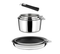 CuisINOX - Malice - Juego de 6 piezas, 3 sartenes, 2 sartenes con revestimiento cerámico, 1 mango negro - Base sándwich - Compatible con todo tipo de fuego, acero inoxidable 18/1 - Acabado brillante