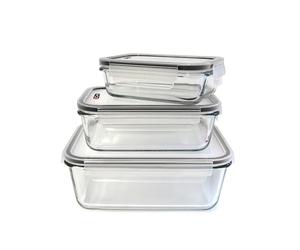 Cuisy KB5667 - Cacerola de cristal con tapa (22 x 17 x 9 cm) | Pack de 3, cristal resistente 210 °C, tapas con clips herméticas, horno microondas congelador, apilables, 0,35 a 1,8 L