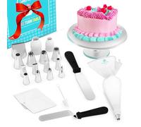 CukkiCakes Kit de Decoración de Tartas (42pcs) con Plato Giratorio + 13 Boquillas Grandes + Manga Pastelera Reutilizable (+20 Desechables) + 2 Espátulas + 3 Paletas Alisadoras + 2 Acopladores