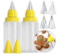 CukkiCakes Set de 6pcs Biberones de Reposteria 60ml + 4 Boquillas para Manga (Tamaños M) - Biberon Cocina, Botellas de Silicona Fáciles de Apretar, Decoración de Galletas, Tartas, Postres