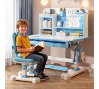 cukoekim Juego de escritorio y silla para niños, diseño de altura ajustable, escritorio de estudio ergonómico con silla, escritorio de aprendizaje con cajón de almacenamiento, soporte para libros