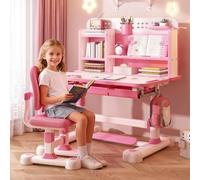 cukoekim Juego de escritorio y silla para niños, diseño de altura ajustable, escritorio de estudio ergonómico con silla, escritorio de aprendizaje con cajón de almacenamiento, soporte para libros