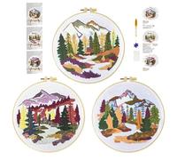 cukol cukol 3pcs Kit Bordado Principiantes Paisaje de Bosque, Kit Patrones para Bordar a Mano con Hilos y Tela, Embroidery Kit Set Bordado Punto de Cruz Niños Inicio Manualidades Adultos