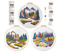 cukol cukol 3pcs Kit Bordado Principiantes Paisaje de Otoño, Kit Patrones para Bordar a Mano con Hilos y Tela, Embroidery Kit Set Bordado Punto de Cruz Niños Inicio Manualidades Adultos