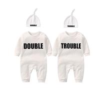 culbutomind Ropa Bebé Gemelo "Double Trouble" Bebé Niños Recien Divertido Pijama Para Bebé 2 Piezas Mono Para Niños(white 6m)