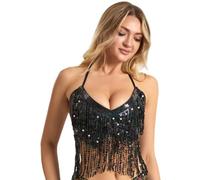 CULEO Tops de danza para mujer,Top con borlas y lentejuelas para danza del vientre (negro)