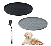 Culinavog 2pcs Tapete De Alimentación para Mascotas Y 1 Cepillos De Limpieza De Cerdas Suaves, 28 * 28cm Tapete De Silicona Redondo Impermeable, Tapete De Alimentación Antideslizante (Negro y Gris)