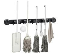 Culinavog Soporte para escoba, sin ventosa, organizador montado en la pared, almacenamiento de escobas resistente con 4 ranuras y 5 ganchos, soluciones de almacenamiento para cocina, baño, garaje