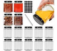 CulnCraz Tarros hexagonales de 180 ml con tapa negra, paquete de 15 tarros herméticos para conservas de alimentos para especias, mermeladas, miel, yogur, comida para bebés, con 40 pegatinas y 1 unidad