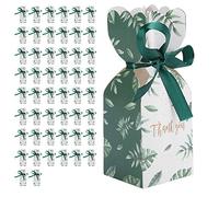Culnflun 50 cajas de dulces de mármol para recuerdos de boda con cintas y etiquetas, pequeñas cajas de regalo, caja de cartón blanco de 5 x 5 x 12 cm para bodas y celebraciones (forest green leaves)