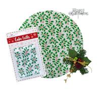 Culpitt Kit de pastel de Navidad de acebo, tabla festiva de 10 pulgadas, volante plateado para tartas y adornos para tartas, incluye decoración de acebo y bayas rojas y placa de Feliz Navidad, juego
