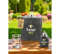 CULT at home Set de regalo de 2 piezas petaca de 120 ml y mini petaca de acero inoxidable como llavero de 30 ml - Botella de fieltro con texto "Schnapsidee"