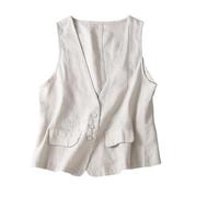 CuLtP Chaleco De Lino Ligero para Mujer, Chaleco con Cuello En V Y Botones, Chaleco Informal Holgado, Chaqueta De Traje Básica Ligera Sin Mangas, Cárdigan con Frente Abierto,Beige,L