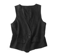 CuLtP Chaleco De Lino Ligero para Mujer, Chaleco con Cuello En V Y Botones, Chaleco Informal Holgado, Chaqueta De Traje Básica Ligera Sin Mangas, Cárdigan con Frente Abierto,Black,M