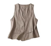 CuLtP Chaleco De Lino Ligero para Mujer, Chaleco con Cuello En V Y Botones, Informal, Holgado, Ligero, Básico, Sin Mangas, Chaqueta De Traje con Frente Abierto, Caqui, XL