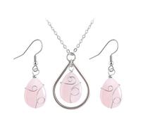 CuLtP Conjuntos De Joyería para Mujer, Elegante Envoltura De Alambre, Cuarzo Rosa, Colgante De Gota De Agua, Collar, Pendientes Colgantes, Pendientes De Gancho, Pendientes De Piedras Preciosas, Joy