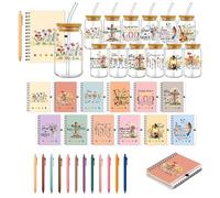 Culudea 36 piezas de regalos cristianos a granel, vasos de vidrio de flores silvestres de 16 onzas con tapas de bambú y popotes, cuadernos y bolígrafos en espiral A6, juego de regalo de fe religiosa