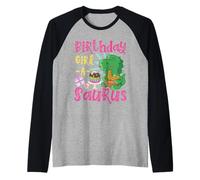 Cumpleaños chica A-Saurus lindo dinosaurio Camiseta Manga Raglan
