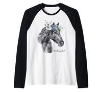 Cumpleaños Niña Negro Sementales Caballo con Flores Ponis Camiseta Manga Raglan