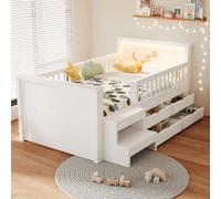 Cuna 90 × 200 cm, cabecero con motivos calados de estrellas y lunas, equipado con cajones, peldaño y rejilla de seguridad, con iluminación LED, cama individual multifuncional, color blanco