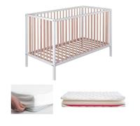 Cuna bebé laponia con somier de láminas de haya + colchón helios + protector colchón + 4 ruedas 64 cm