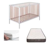 Cuna bebé laponia con somier de láminas de haya + colchón morfeo + protector colchón + 4 ruedas 64 cm