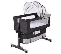 Cuna de Colecho para Bebé con Colchón, Función de Mecedora, Lateral Abatible, Altura Ajustable, Panel de Malla, Ruedas y Bolsa de Viaje 0-6 Meses (92 * 58 * 70-90cm)
