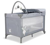 Cuna de Viaje Completa con Cambiador y Doble Altura 0-15 kg, Plegable Compacta, Ruedas con Freno y Bolsa de Transporte - Asalvo Conejito Gris