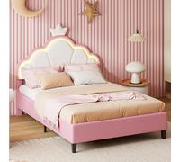 Cuna infantil tapizada de 140 x 200 cm, cama con corona para princesa, con LED, cama juvenil con cabecero ajustable en altura y somier de listones, sin colchón (rosa, 140 x 200 cm)