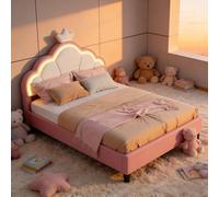 Cuna infantil tapizada de 140 x 200 cm, cama con corona para princesa, con LED, cama juvenil con cabecero ajustable en altura y somier de listones, sin colchón (rosa, 140 x 200 cm)