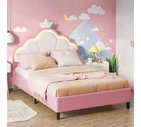 Cuna infantil tapizada de 90 x 200 cm, cama con corona para princesa, con LED, cama juvenil con cabecero ajustable en altura y somier de listones, sin colchón (rosa, 90 x 200 cm)