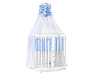Cuna Móvil 7 en 1 de Madera Waldin con Colchón, Cuna Que Crece con el Niño, Ventilada, Somier Regulable 5 Posiciones, Set Todo Incluido, Blanco, Tejidos Azul