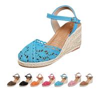Cuñas de punta cerrada para mujer, sandalias de cuña tipo alpargata con correa ajustable en el tobillo, sandalias bohemias de playa con tacón de cuña retro para vacaciones diarias, Blue, 35.5 EU