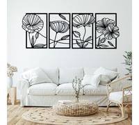 Cunno 4 paneles de flores minimalistas de metal, decoración moderna de pared de naturaleza abstracta de amapola, línea de escultura de pared para colgar en el hogar, decoración de pared para cocina,